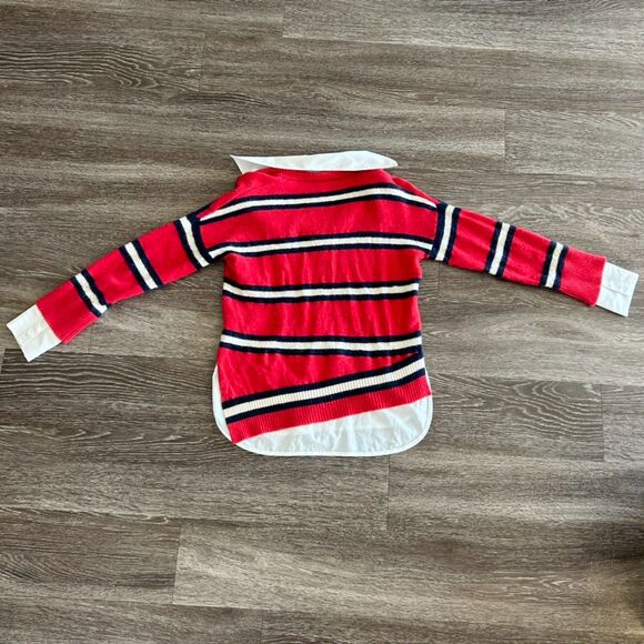 Scripted Red Wool Cashmere Striped Sweater w White Collar Asymmetrical Hem Small - Picture 5 of 9